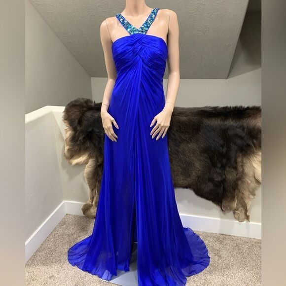 Royal Blue Gorgeous Vintage Style 100% Silk Halter Gown with Beads - Picture 1 of 15